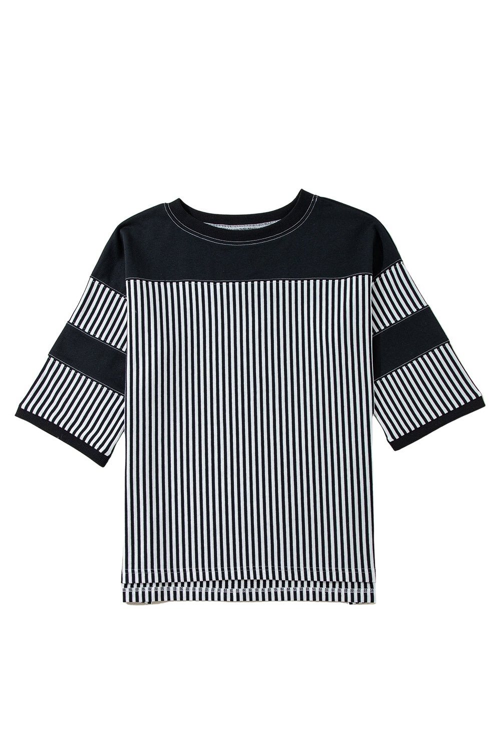 Blue Zone Planet | Black & White Striped Patchwork Oversized Tee-T Shirts-[Adult]-[Female]-2022 Online Blue Zone Planet