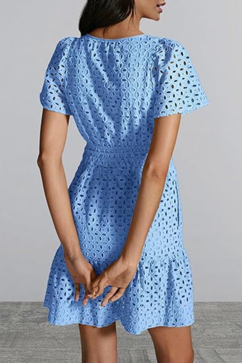 Blue Zone Planet | Eyelet Notched Short Sleeve Mini Dress-TOPS / DRESSES-[Adult]-[Female]-2022 Online Blue Zone Planet