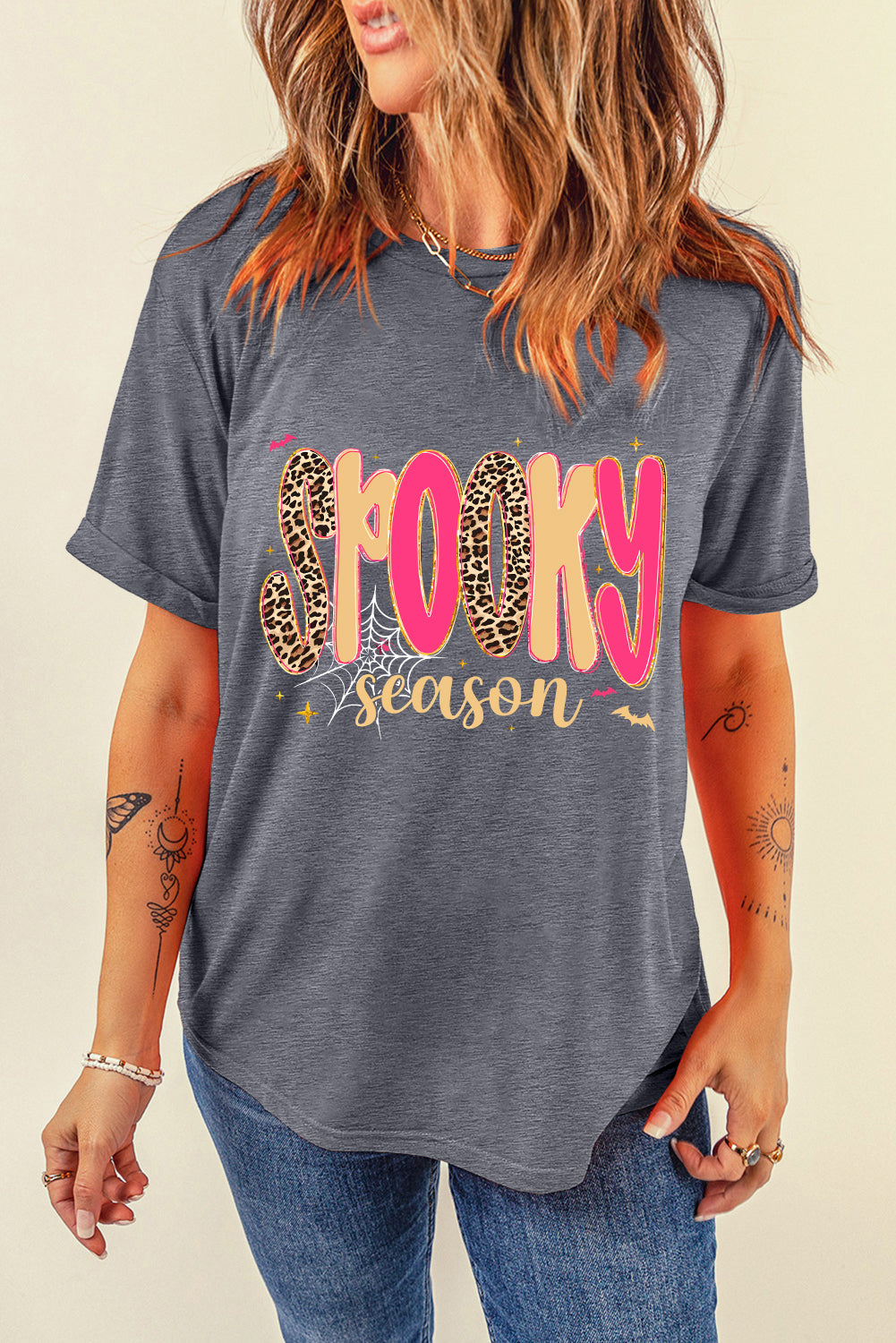 Gray Spooky Season Playful Halloween Graphic T Shirt-Graphic/Graphic Tees-[Adult]-[Female]-2022 Online Blue Zone Planet