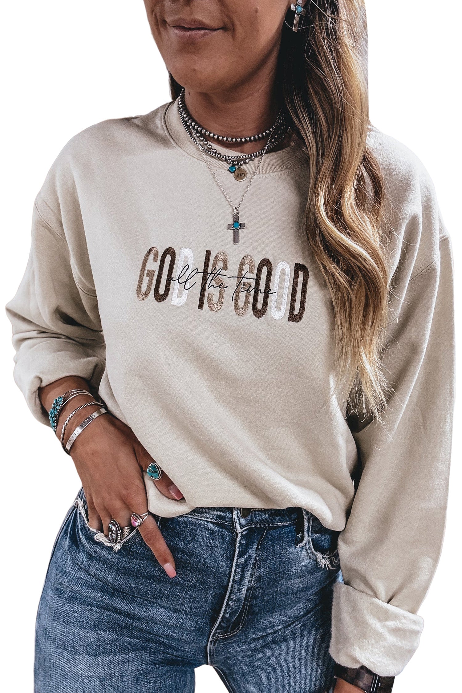Jet Stream GOD IS GOOD Western Embroidered Letter Crewneck Pullover Sweatshirt-Tops/Sweatshirts & Hoodies-[Adult]-[Female]-2022 Online Blue Zone Planet