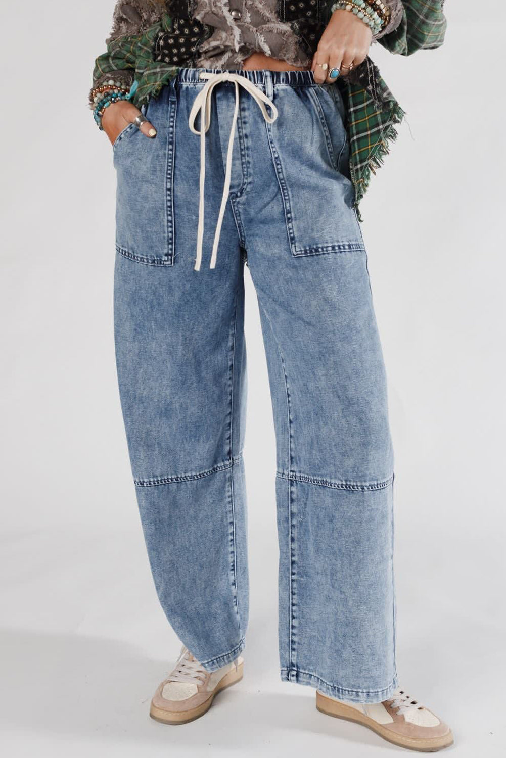 Ashleigh Blue Acid Wash Exposed Seam Drawstring High Waist Jeans-Bottoms/Jeans-[Adult]-[Female]-Ashleigh Blue-4-2022 Online Blue Zone Planet