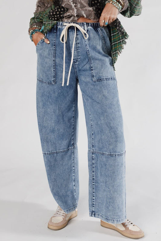 Ashleigh Blue Acid Wash Exposed Seam Drawstring High Waist Jeans-Bottoms/Jeans-[Adult]-[Female]-Ashleigh Blue-4-2022 Online Blue Zone Planet