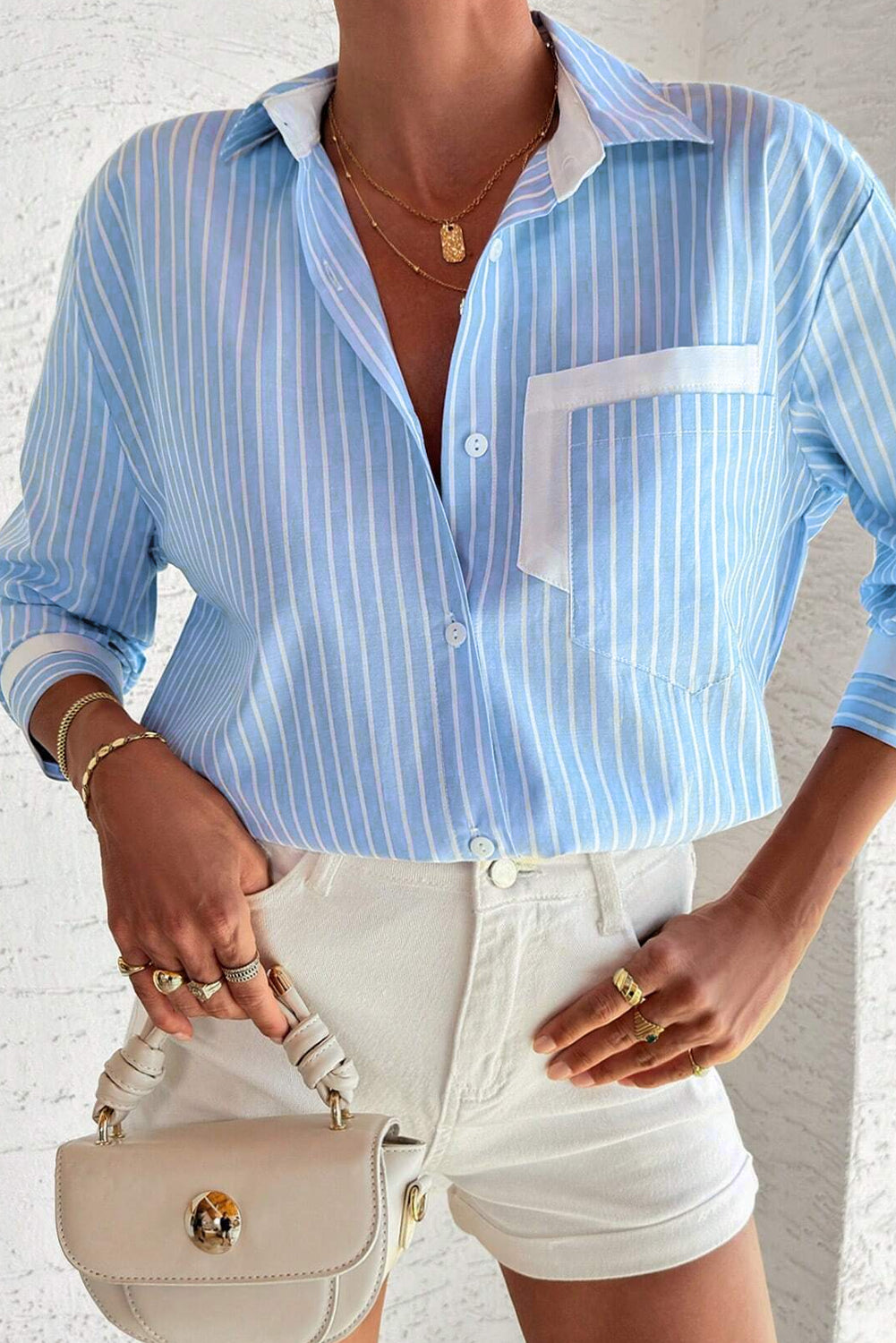 Sky Blue Stripe Contrast Patch Pocket Cuffed Sleeve Casual Shirt-Tops/Blouses & Shirts-[Adult]-[Female]-Sky Blue Stripe-S-2022 Online Blue Zone Planet