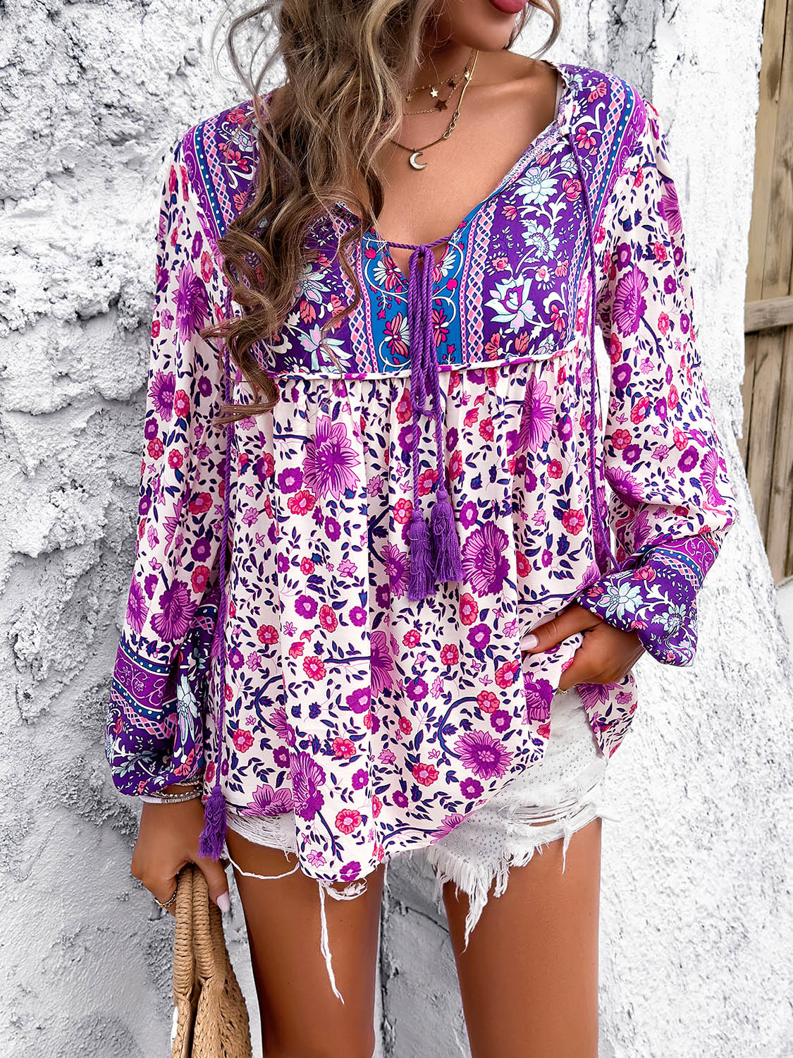 Blue Zone Planet | Devine Printed Tie Neck Long Sleeve Blouse-TOPS / DRESSES-[Adult]-[Female]-Lilac-S-2022 Online Blue Zone Planet