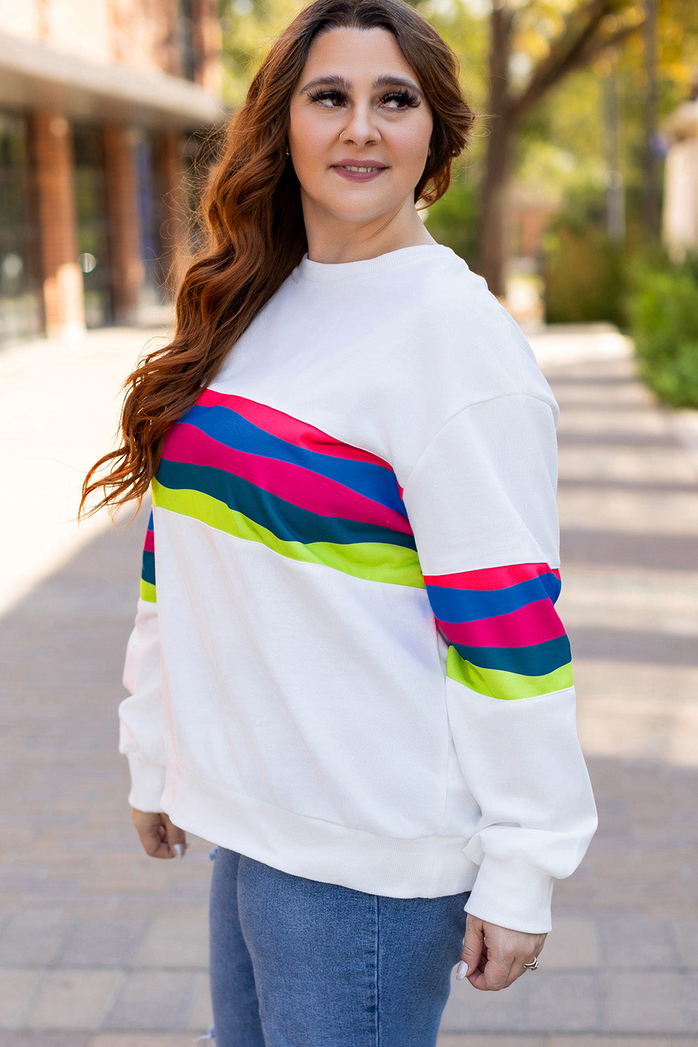 Blue Zone Planet | White Plus Size Colorful Striped Drop Shoulder Loose Sweatshirt-Plus Size/Plus Size Sweatshirts & Hoodies-[Adult]-[Female]-2022 Online Blue Zone Planet