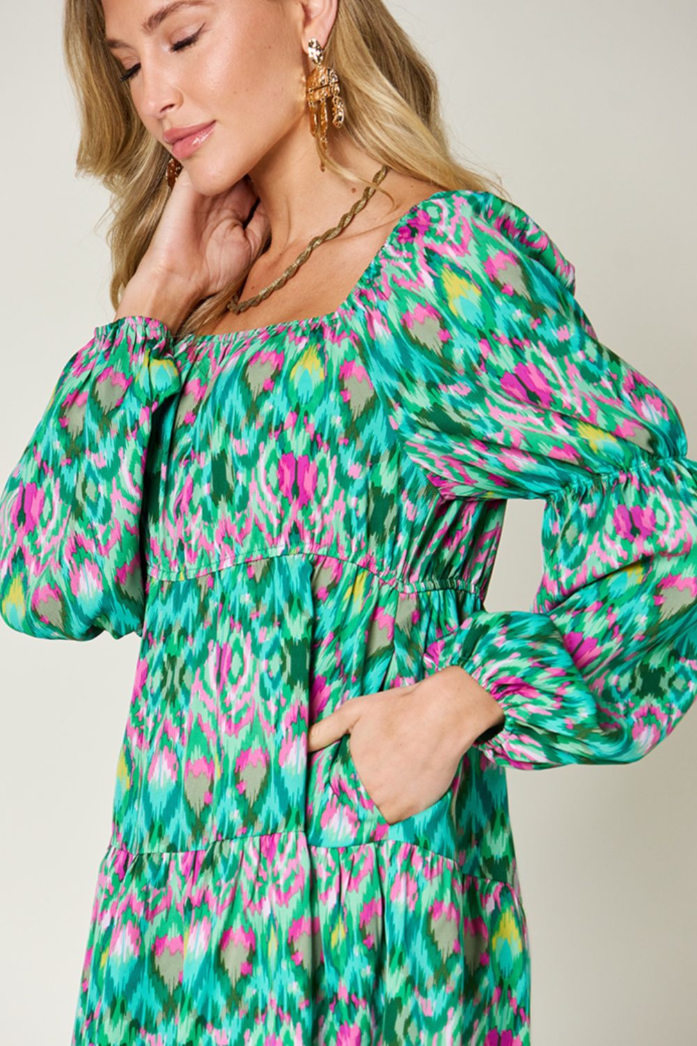 Double Take Full Size Printed Long Sleeve Dress-TOPS / DRESSES-[Adult]-[Female]-2022 Online Blue Zone Planet