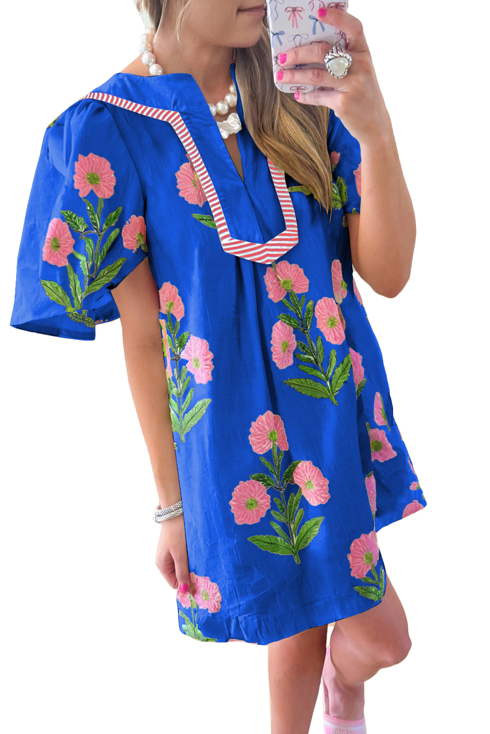 Blue Floral Short Sleeve Split Neck Loose Mini Dress-TOPS / DRESSES-[Adult]-[Female]-2022 Online Blue Zone Planet