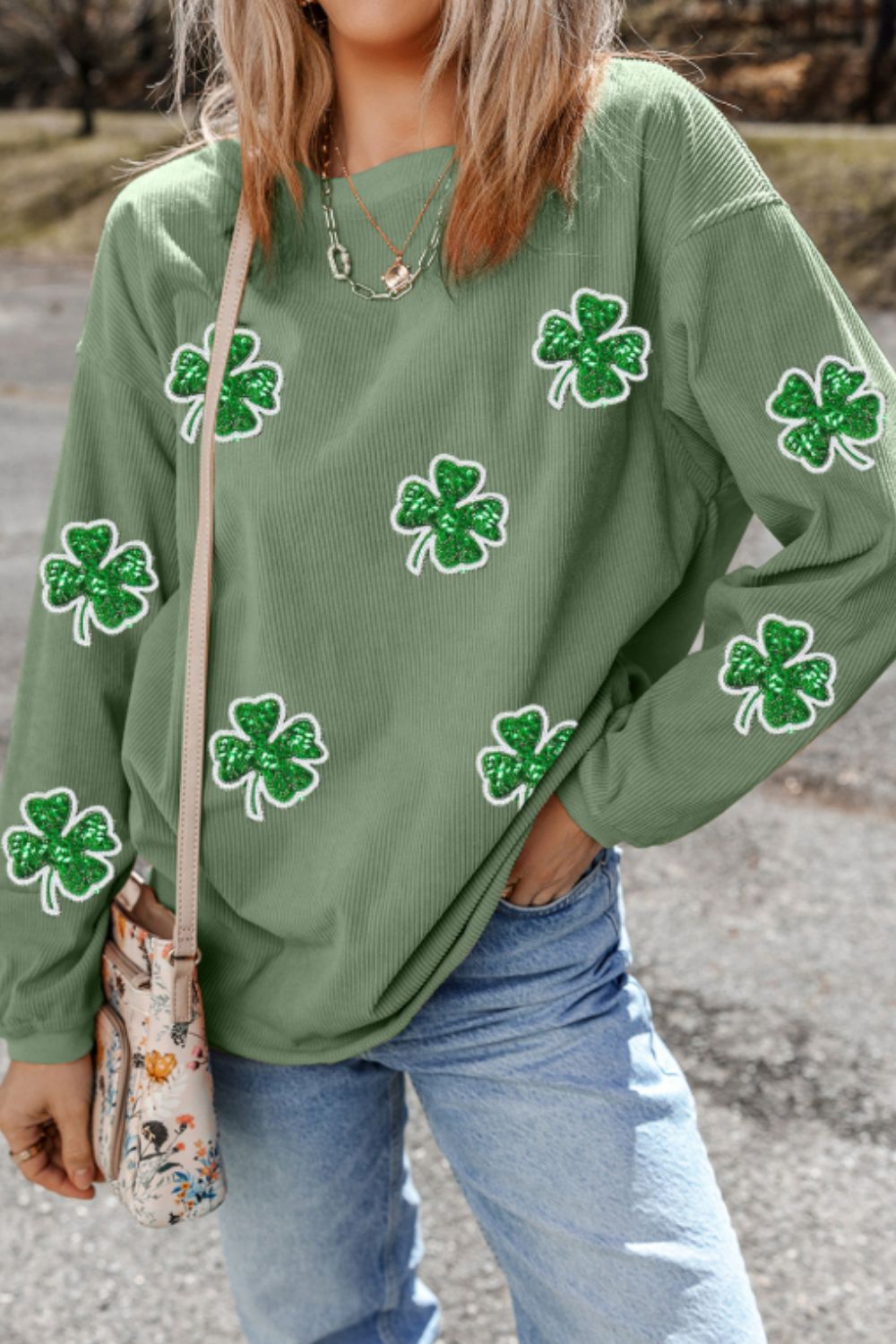 Sequin Lucky Clover Round Neck Long Sleeve Sweatshirt-TOPS / DRESSES-[Adult]-[Female]-2022 Online Blue Zone Planet