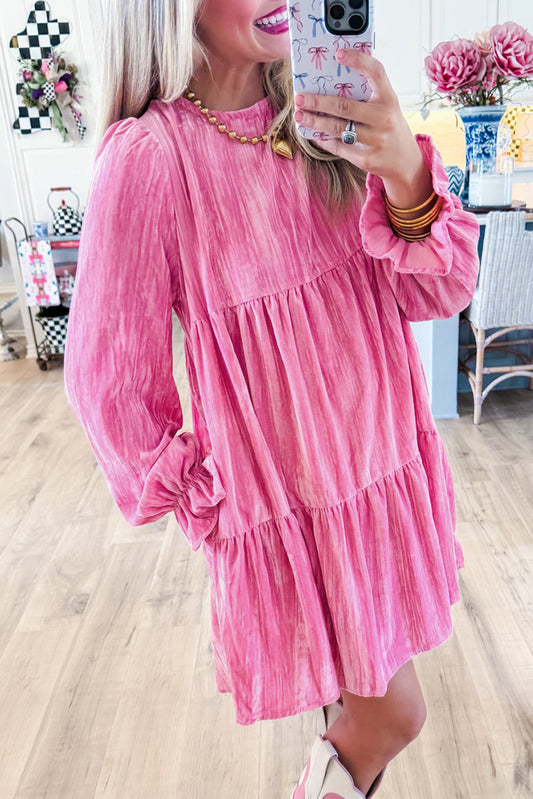 Strawberry Pink Flounce Sleeve Tiered Ruffled Velvet Mini Dress-Dresses/Mini Dresses-[Adult]-[Female]-Strawberry Pink-S-2022 Online Blue Zone Planet