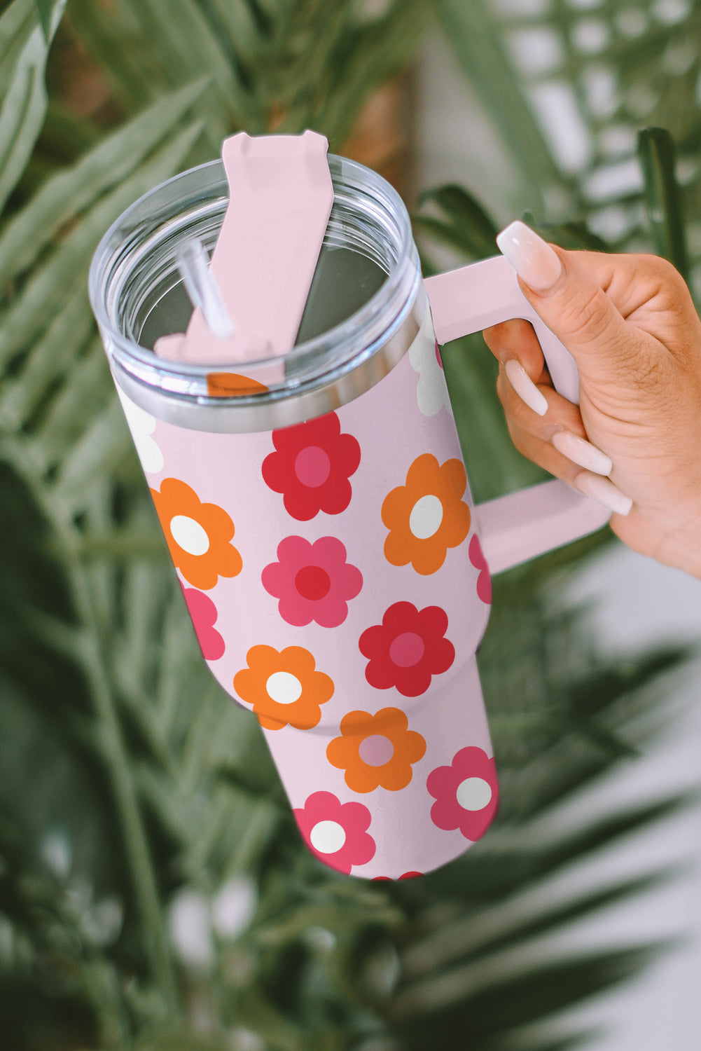 Multicolor Flower Print Handled Stainless Steel Vacuum Cup 40oz-Accessories/Tumblers-[Adult]-[Female]-2022 Online Blue Zone Planet