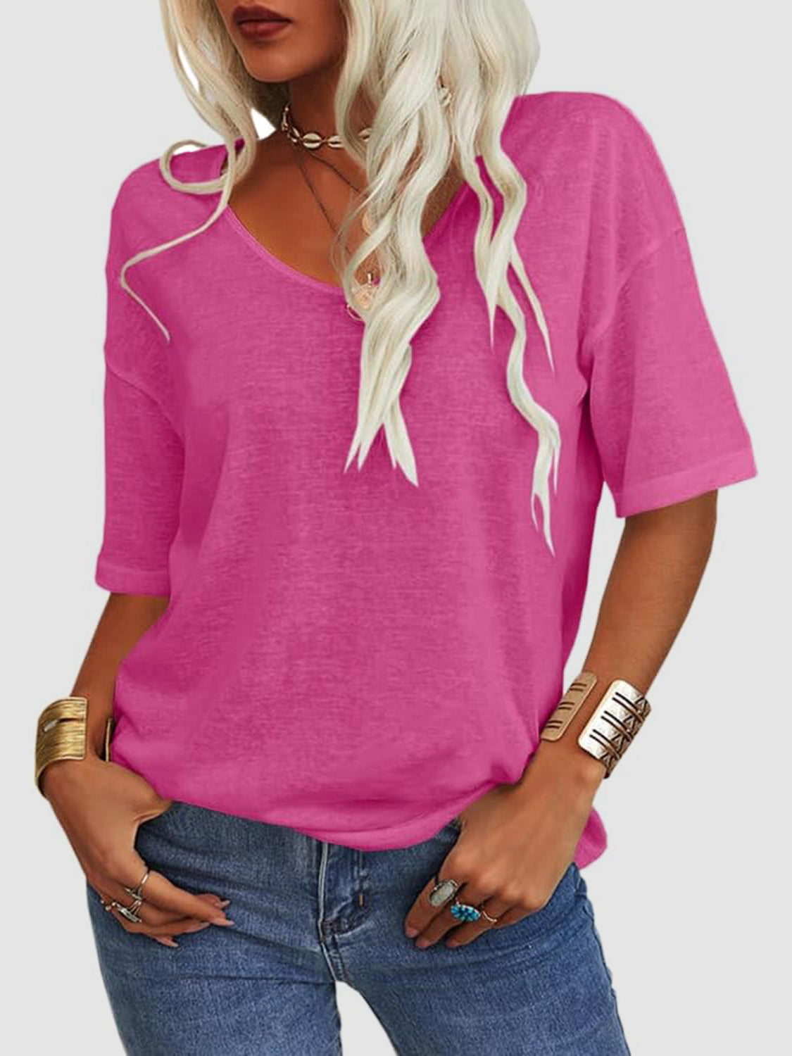 V-Neck Dropped Shoulder Half Sleeve T-Shirt-TOPS / DRESSES-[Adult]-[Female]-Hot Pink-S-2022 Online Blue Zone Planet