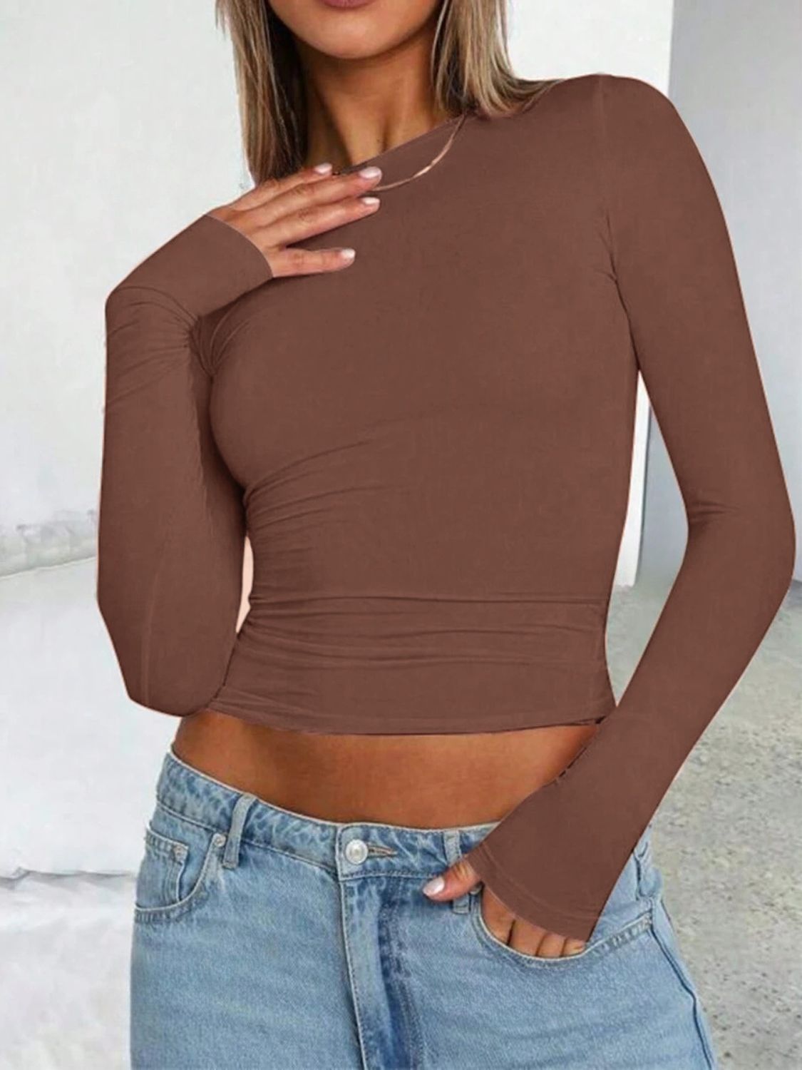 Solid Color Round Neck Long Sleeve T-Shirt-TOPS / DRESSES-[Adult]-[Female]-Brown-XS-2022 Online Blue Zone Planet