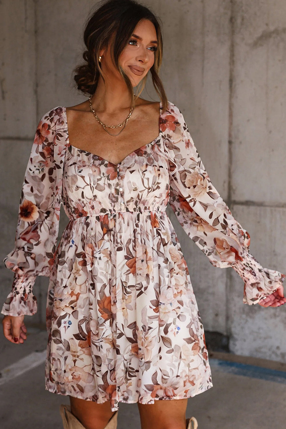 White Floral Print Sweetheart Neck Long Sleeve High Waist Mini Dress-TOPS / DRESSES-[Adult]-[Female]-2022 Online Blue Zone Planet