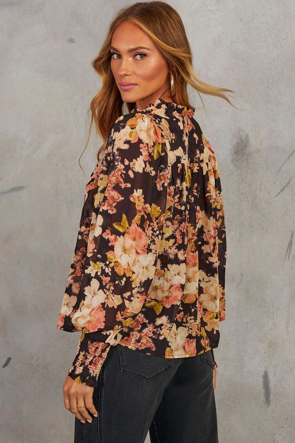 Black Floral V Neck Long Puff Sleeve Breezy Blouse-Tops/Blouses & Shirts-[Adult]-[Female]-2022 Online Blue Zone Planet