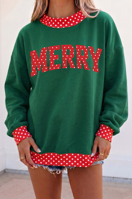 Dark Green Merry Christmas Slogan Polka Dot Contrast Trim Tunic Sweatshirt-Graphic/Graphic Sweatshirts-[Adult]-[Female]-Dark Green-S-2022 Online Blue Zone Planet