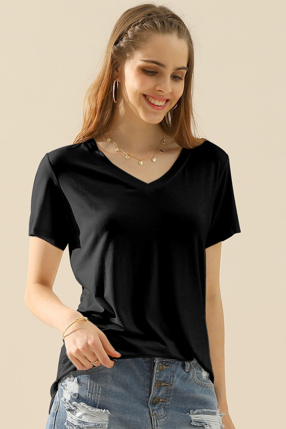 Blue Zone Planet | Ninexis Full Size V-Neck Short Sleeve T-Shirt-TOPS / DRESSES-[Adult]-[Female]-BLACK-S-2022 Online Blue Zone Planet