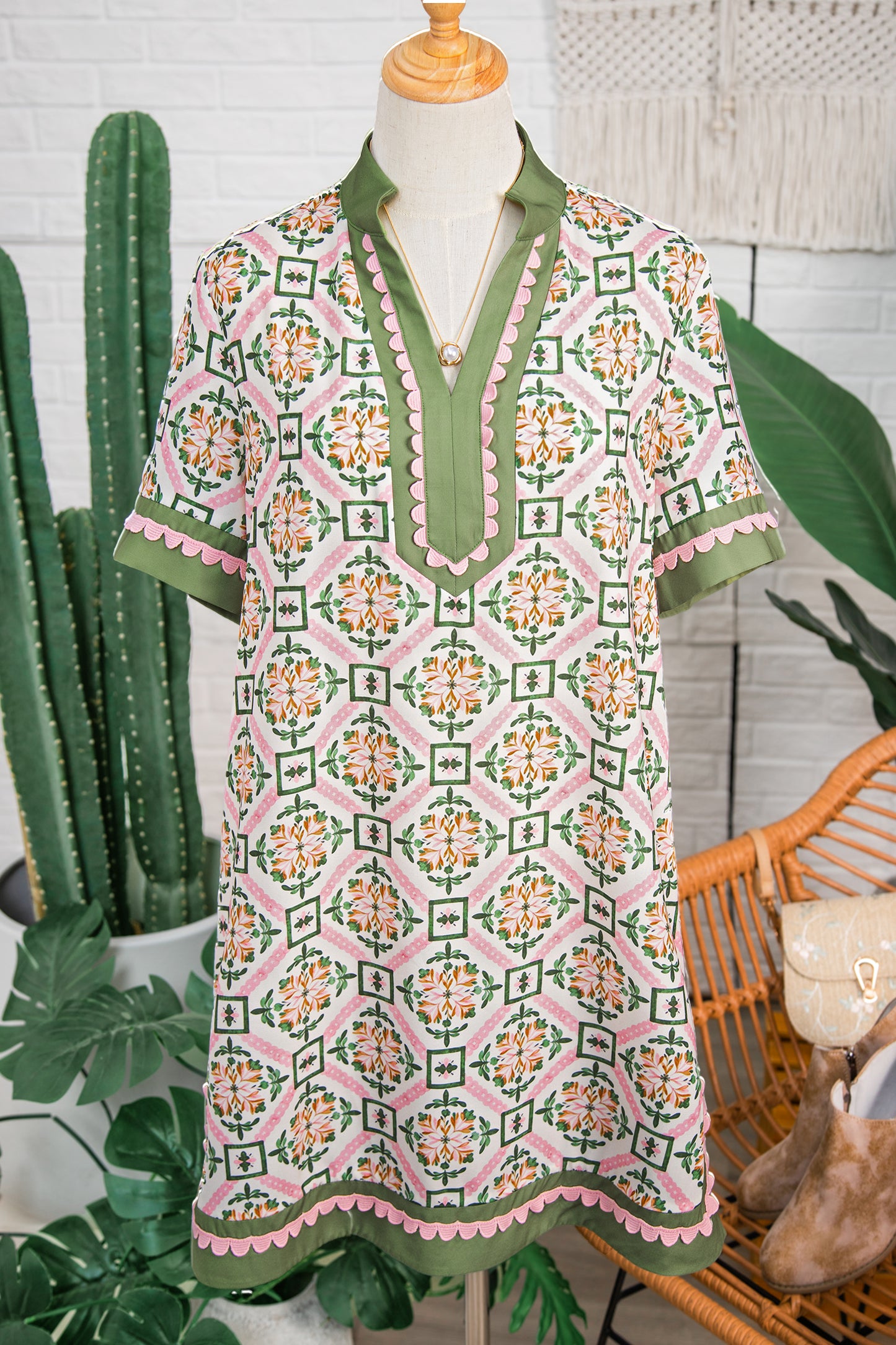 Multicolour Boho Geometric Flower Print Short Sleeve Loose Mini Dress-TOPS / DRESSES-[Adult]-[Female]-2022 Online Blue Zone Planet