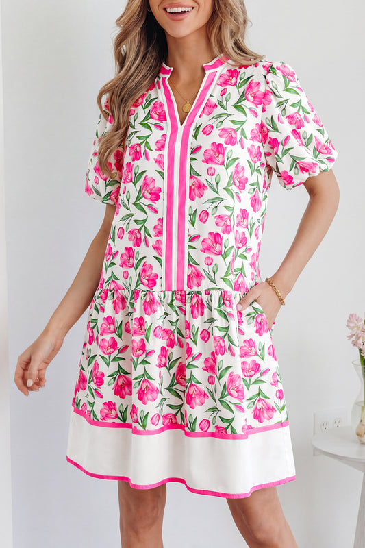Multicolour Sweet Floral Print Striped Color Block Trim Short Dress-Dresses/Floral Dresses-[Adult]-[Female]-Multicolour-S-2022 Online Blue Zone Planet