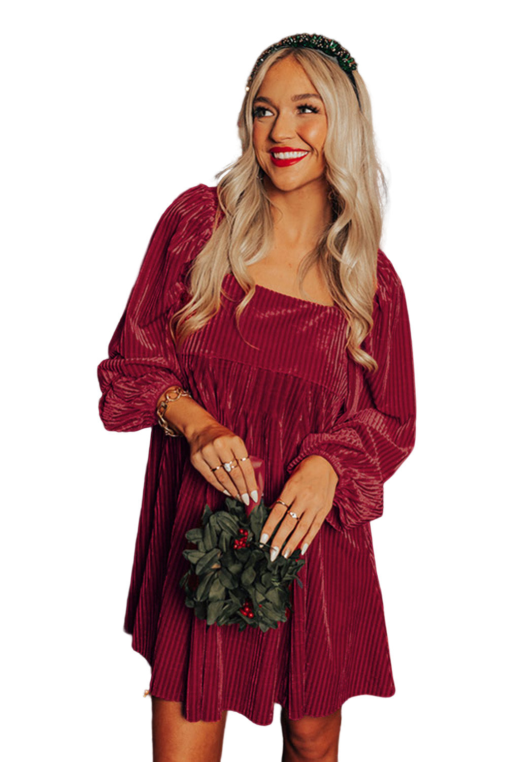 Blue Zone Planet | Red Tie Back Square Neck Velvet Babydoll Dress-TOPS / DRESSES-[Adult]-[Female]-2022 Online Blue Zone Planet