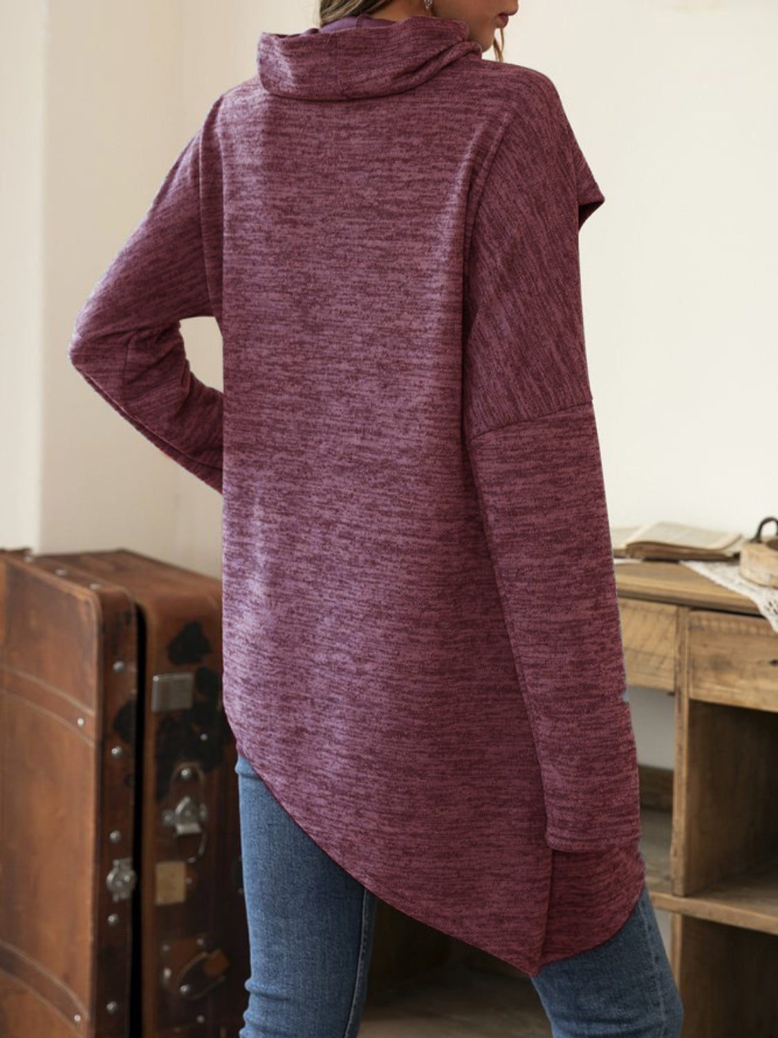 Asymmetrical Hem Cowl Neck Long Sleeve T-Shirt-TOPS / DRESSES-[Adult]-[Female]-2022 Online Blue Zone Planet