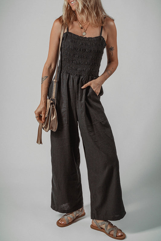 Black Spaghetti Straps Shirred Bodice Pocketed Wide Leg Jumpsuit-Bottoms/Jumpsuits & Rompers-[Adult]-[Female]-Black-S-2022 Online Blue Zone Planet