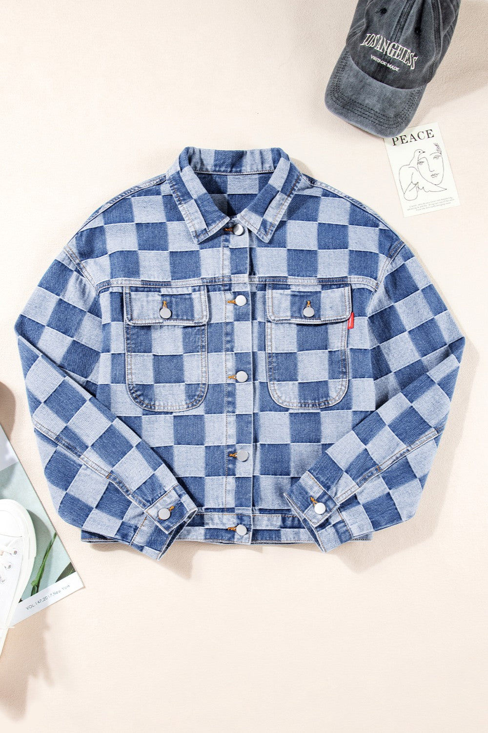 Blue Zone Planet | Checkered Button Up Long Sleeve Denim Jacket-TOPS / DRESSES-[Adult]-[Female]-2022 Online Blue Zone Planet