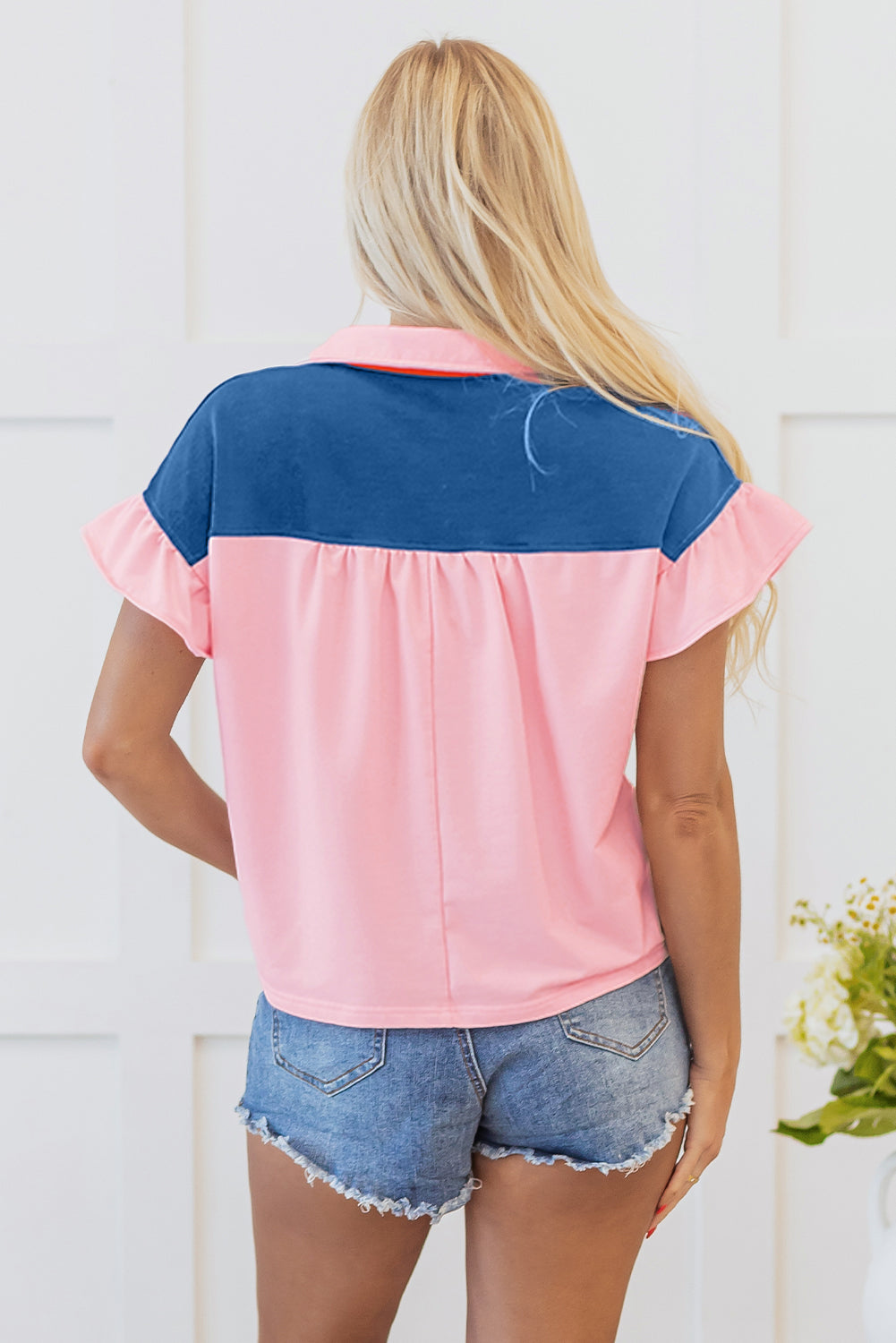Gossamer Pink Color Block Half Buttoned Ruffled Short Sleeve T Shirt-Tops/Tops & Tees-[Adult]-[Female]-2022 Online Blue Zone Planet