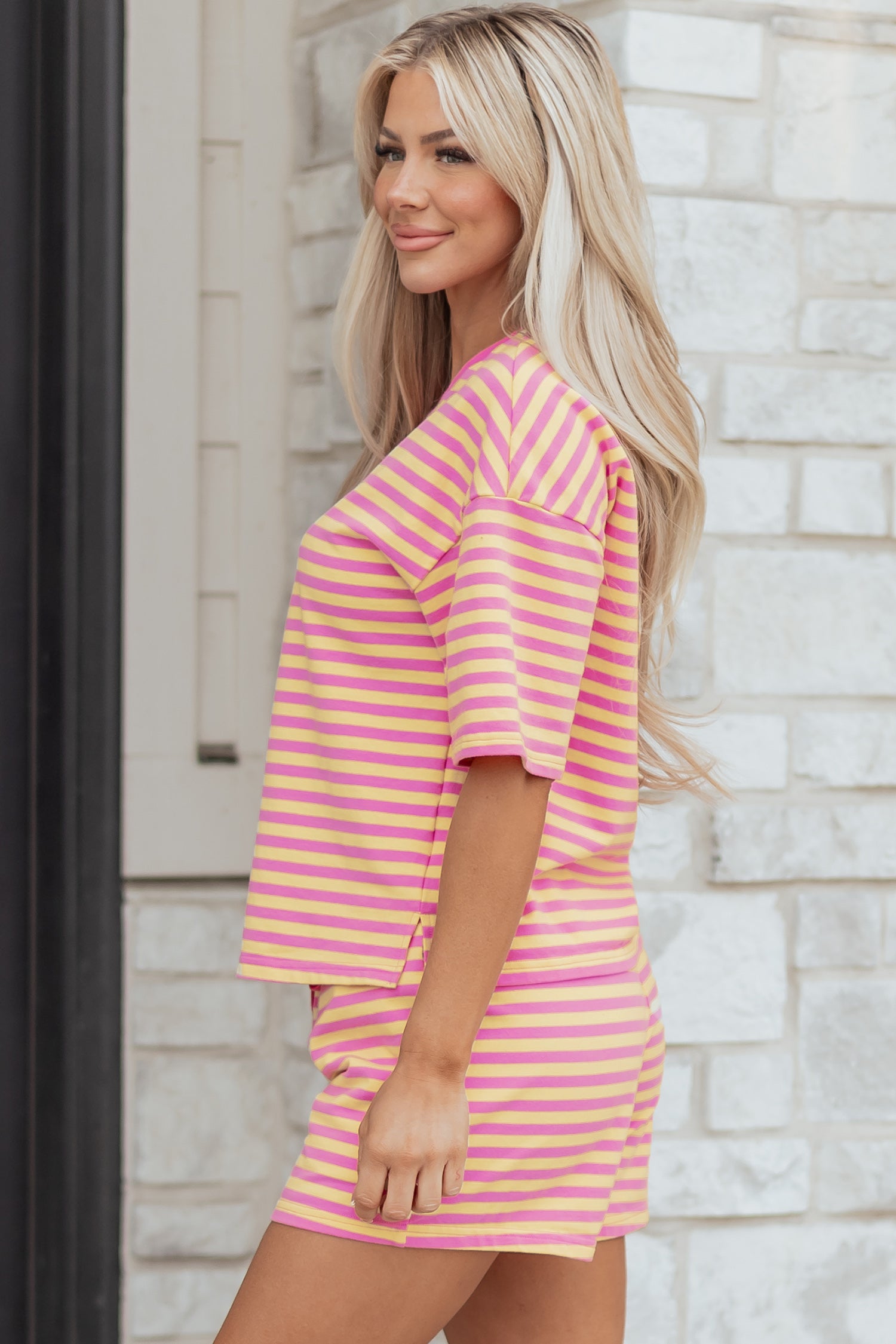 Green Stripe Drop Shoulder Boxy Casual Terry Short Set-Two Piece Sets/Short Sets-[Adult]-[Female]-2022 Online Blue Zone Planet
