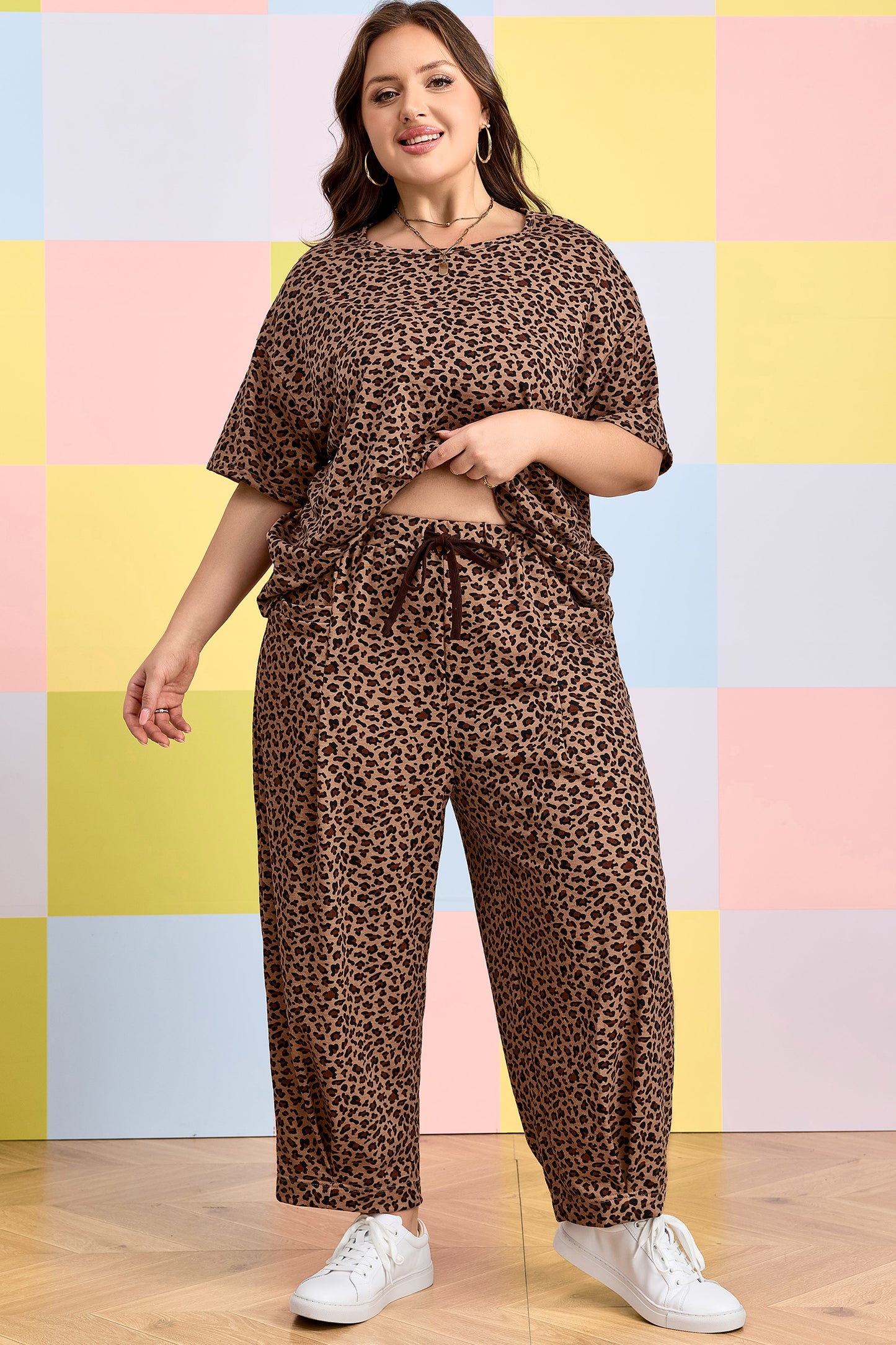 Brown Plus Size Leopard Loose Top Pleated Pants Set-Plus Size/Plus Size Loungewear-[Adult]-[Female]-2022 Online Blue Zone Planet