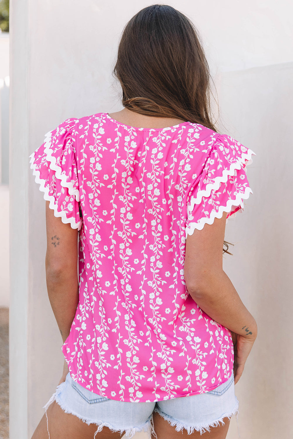 Pink Floral Print Ric-Rac Tiered Ruffled V Neck Blouse-Tops/Blouses & Shirts-[Adult]-[Female]-2022 Online Blue Zone Planet