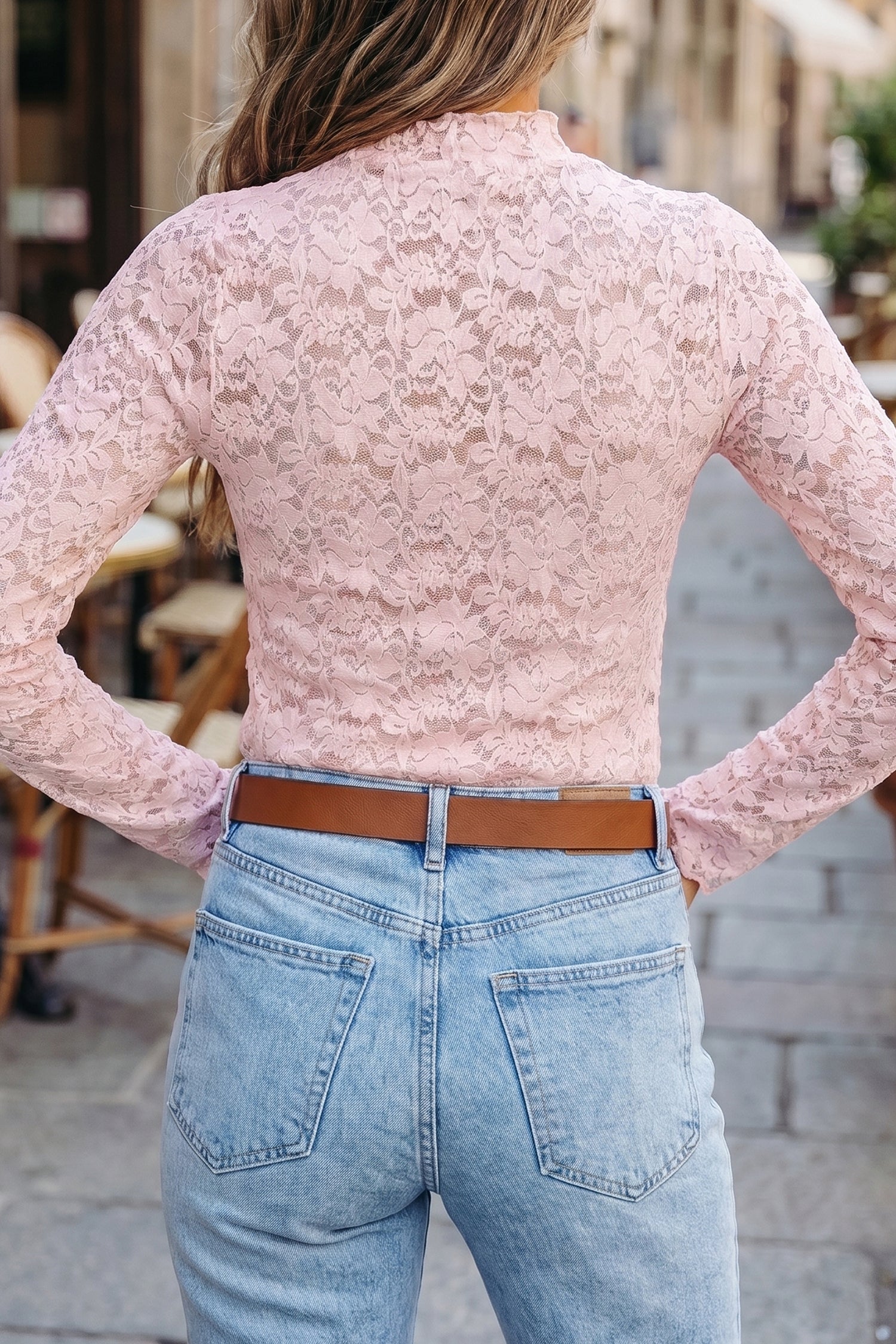Light Pink Floral Lace Long Sleeve Stand Neck Pullover Top-Tops/Long Sleeve Tops-[Adult]-[Female]-2022 Online Blue Zone Planet