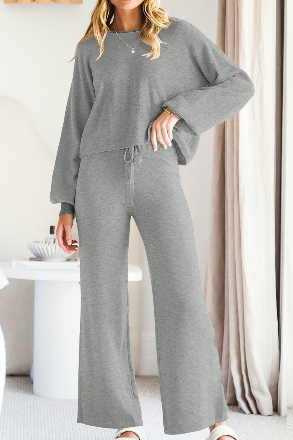 Blue Zone Planet | Round Neck Long Sleeve Top and Pants Set-TOPS / DRESSES-[Adult]-[Female]-Light Gray-S-2022 Online Blue Zone Planet