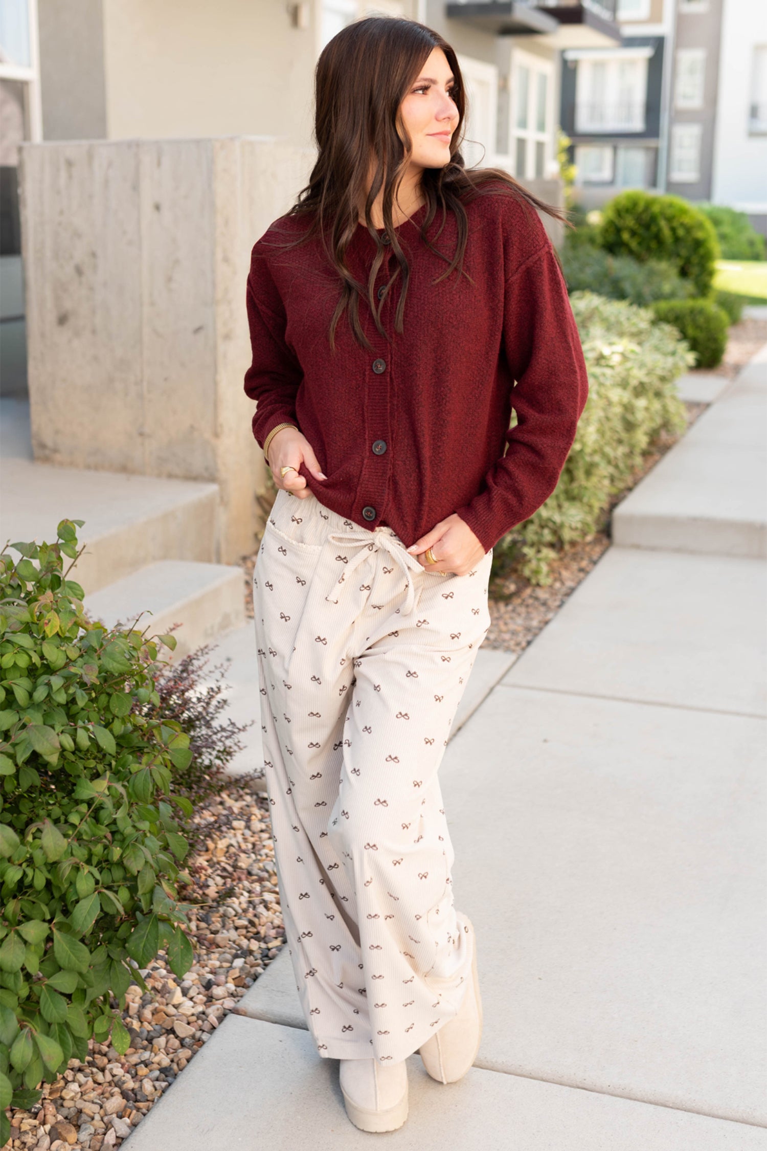 Apricot Bow Print Drawstring Elastic Waist Loose Corduroy Pants-Bottoms/Pants & Culotte-[Adult]-[Female]-2022 Online Blue Zone Planet