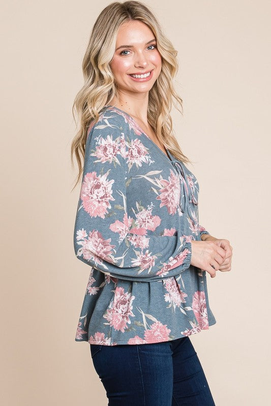 Blue Zone Planet | Super Lady Full Size Babydoll Floral Long Sleeve Blouse-TOPS / DRESSES-[Adult]-[Female]-2022 Online Blue Zone Planet