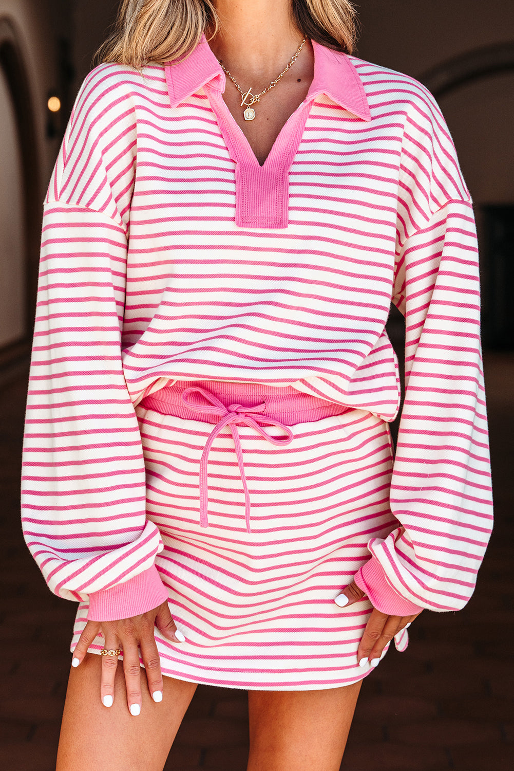 Pink Stripe Collared V Neck Drop Shoulder Pullover And Skort 2Pcs Outfit-Two Piece Sets/Two Piece Dresses-[Adult]-[Female]-2022 Online Blue Zone Planet