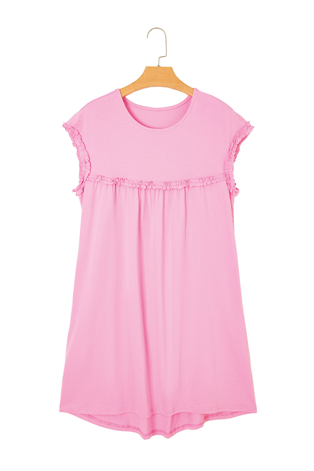 Pink Frilled Trim Crew Neck Loose Fit Mini Dress-TOPS / DRESSES-[Adult]-[Female]-2022 Online Blue Zone Planet