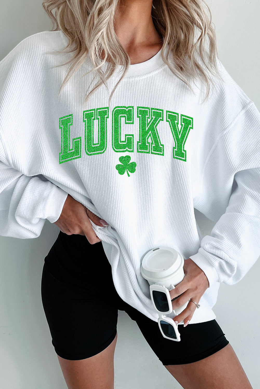 White St. Patricks LUCKY Graphic Corded Sweatshirt-Graphic/Graphic Sweatshirts-[Adult]-[Female]-2022 Online Blue Zone Planet