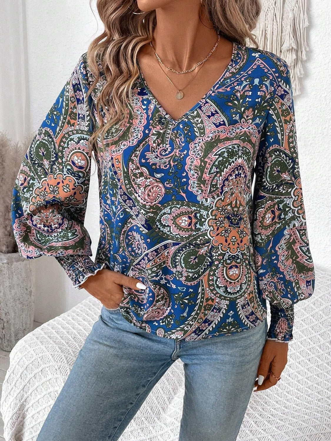 Printed V-Neck Lantern Sleeve Top-TOPS / DRESSES-[Adult]-[Female]-Light Indigo-S-2022 Online Blue Zone Planet