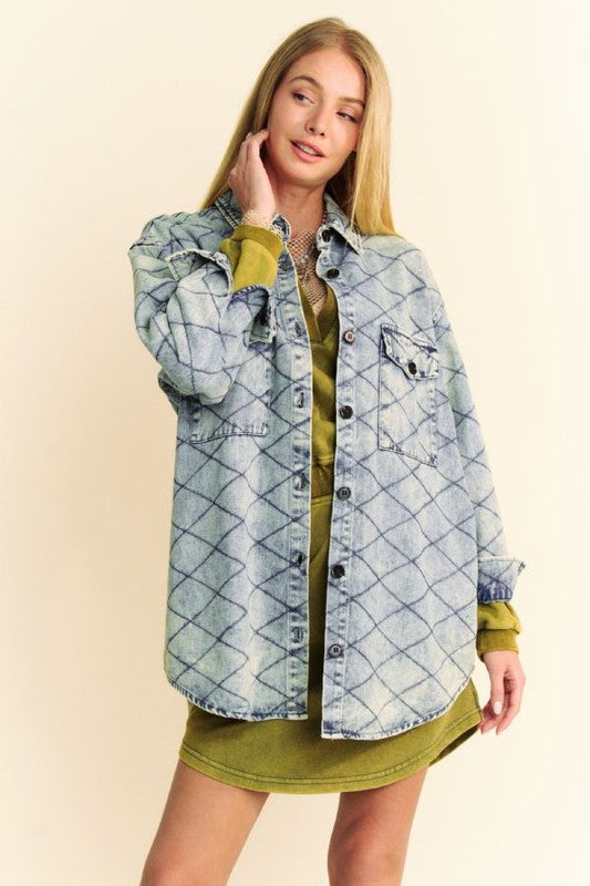 Davi & Dani Curved Hem Diamond Quilted Button Up Denim Shacket-TOPS / DRESSES-[Adult]-[Female]-Light Blue-S-2022 Online Blue Zone Planet