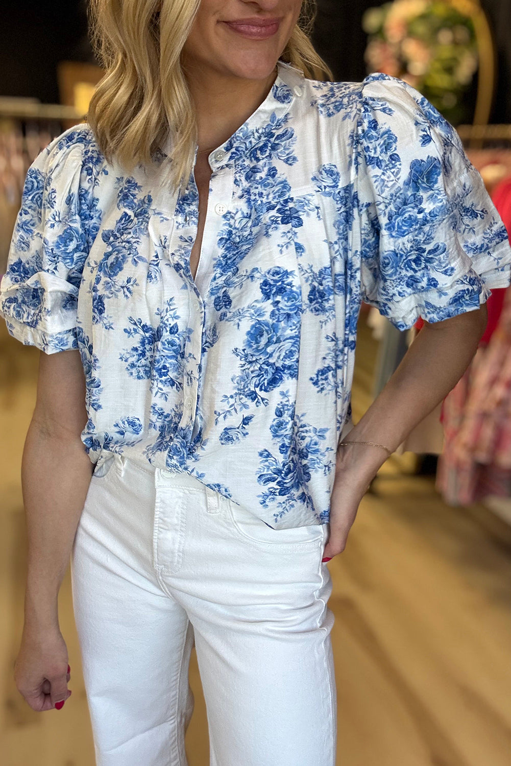 Sky Blue Floral Tiered Puff Short Sleeve Pleated Bust Buttoned Casual Shirt-Tops/Blouses & Shirts-[Adult]-[Female]-2022 Online Blue Zone Planet