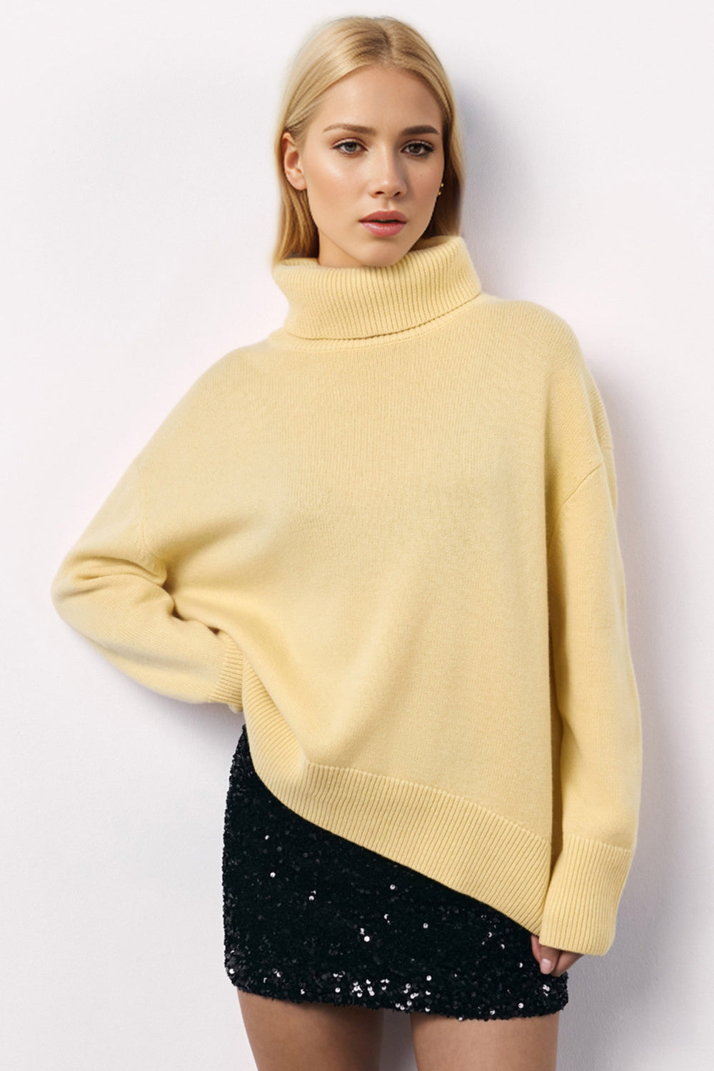 Basic Bae Turtleneck Long Sleeve Dropped Shoulder Sweater-TOPS / DRESSES-[Adult]-[Female]-Pastel Yellow-One Size-2022 Online Blue Zone Planet