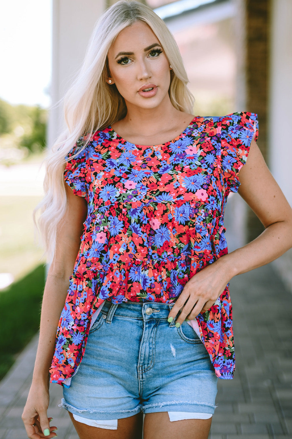 Multicolor Floral Print Ruffle Tiered Short Sleeve Babydoll Top-Tops/Blouses & Shirts-[Adult]-[Female]-2022 Online Blue Zone Planet