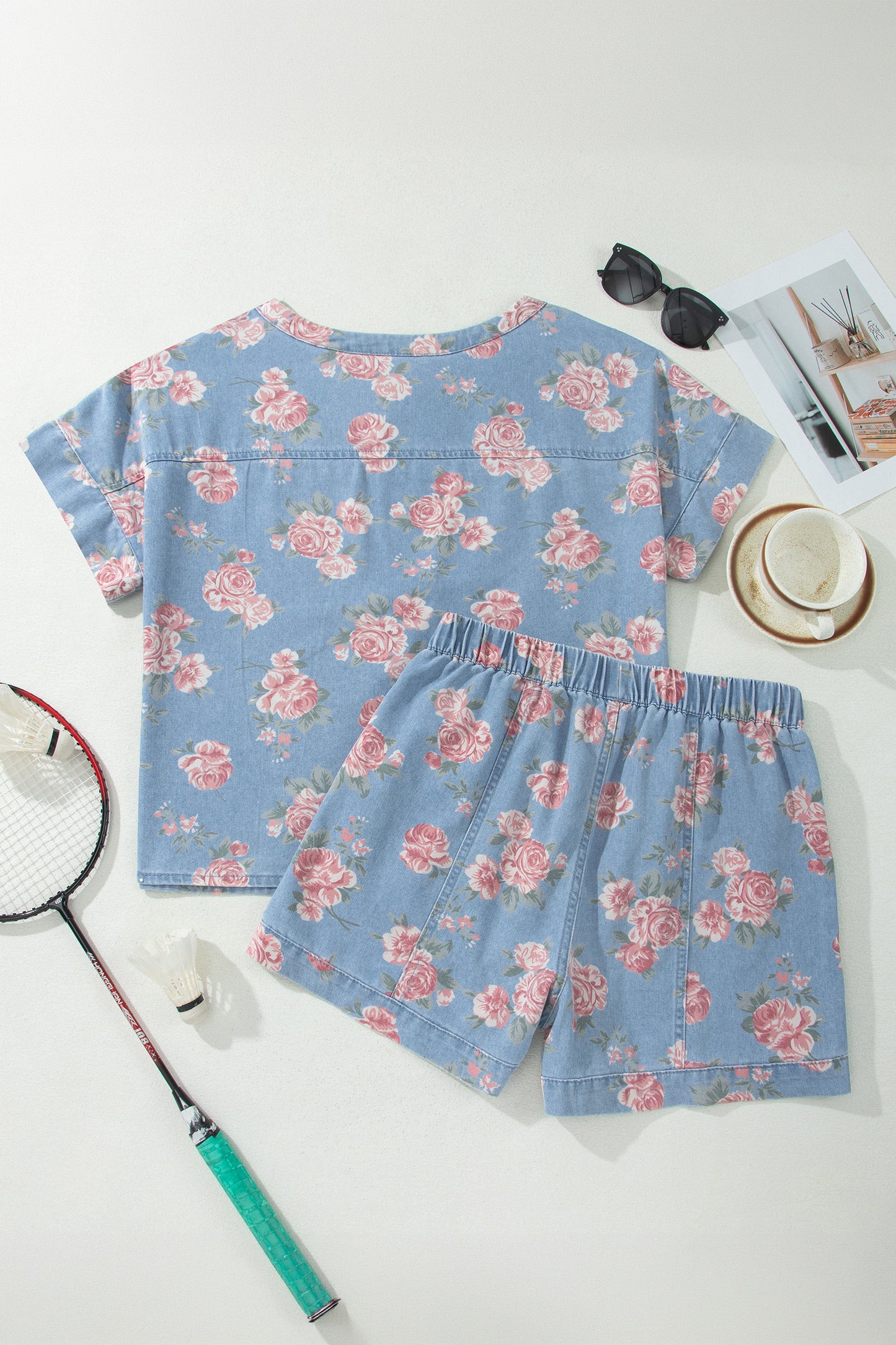 Sky Blue Floral Denim Short Sleeve Top Loose Shorts 2pcs Set-Two Piece Sets/Short Sets-[Adult]-[Female]-2022 Online Blue Zone Planet