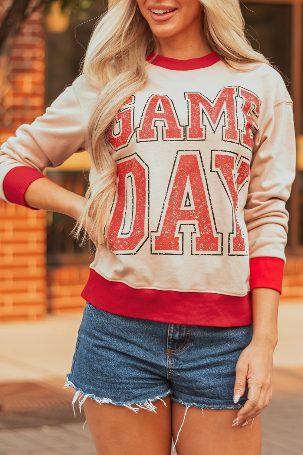 Oatmeal Game Day Letter Graphic Varsity Striped Detail Baggy Sweatshirt-Tops/Sweatshirts & Hoodies-[Adult]-[Female]-2022 Online Blue Zone Planet