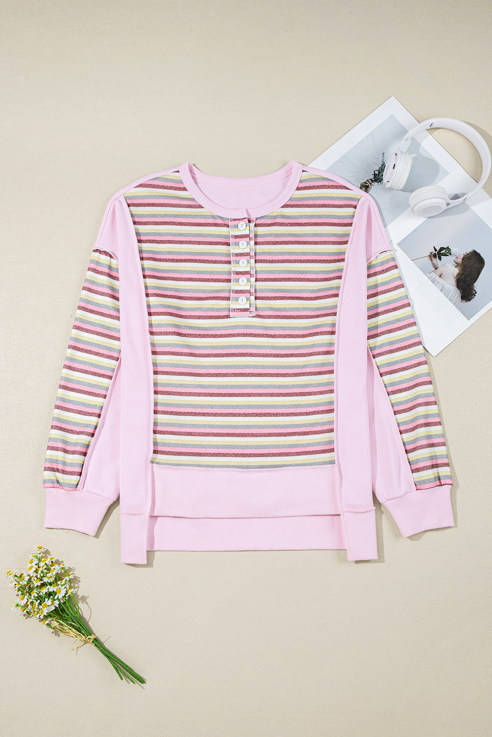 Pink Exposed Seam Color Block Striped Patchwork Loose Henley Sweatshirt-Tops/Sweatshirts & Hoodies-[Adult]-[Female]-2022 Online Blue Zone Planet