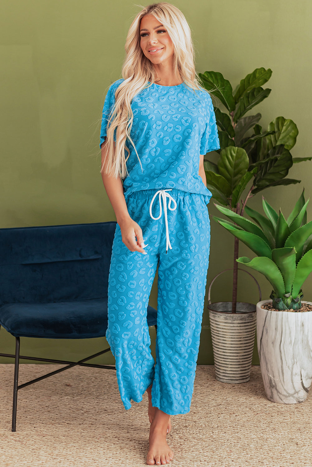 Blue Zone Planet | Blue Leopard Jacquard Short Sleeve Top and Wide Leg Pants Set-Two Piece Sets/Pant Sets-[Adult]-[Female]-2022 Online Blue Zone Planet