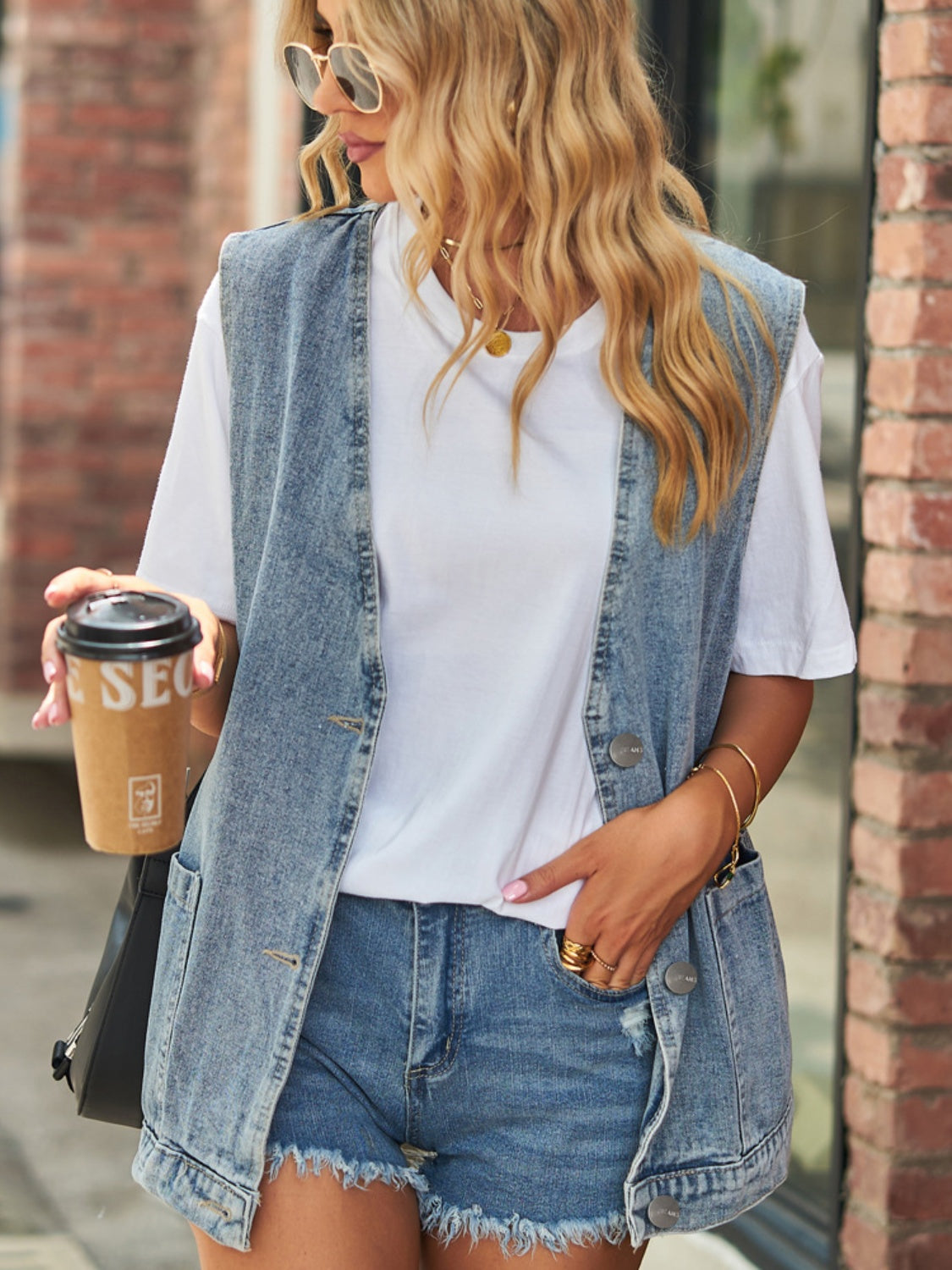 Full Size V-Neck Button Up Denim Vest-TOPS / DRESSES-[Adult]-[Female]-2022 Online Blue Zone Planet