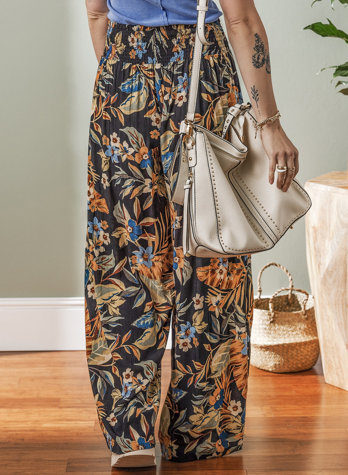 Multicolour Floral Shirred High Waist Wide Leg Pants with Tie-Bottoms/Pants & Culotte-[Adult]-[Female]-2022 Online Blue Zone Planet