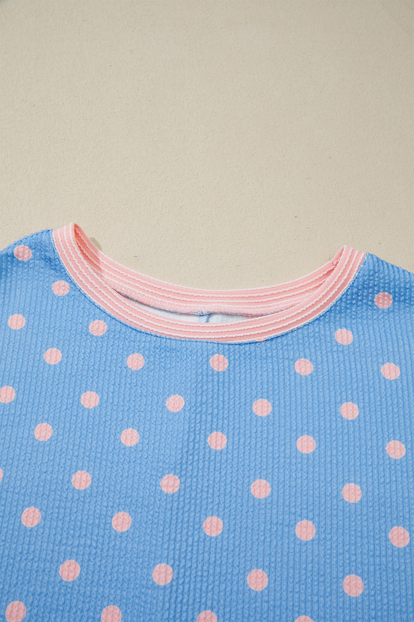 Sky Blue Raised Rib Polka Dot Print Cuffed Short Sleeve Top-Tops/Tops & Tees-[Adult]-[Female]-2022 Online Blue Zone Planet