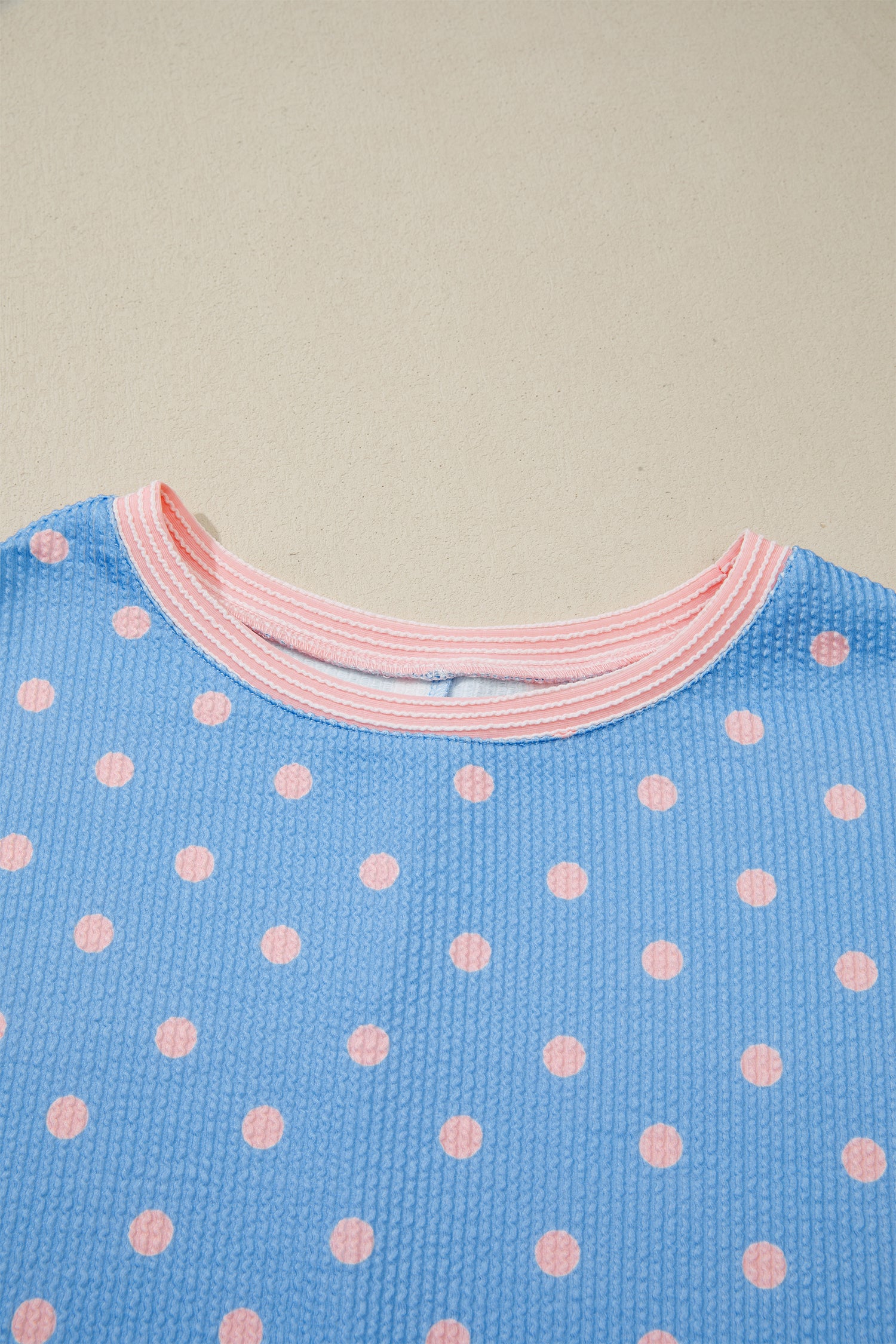 Sky Blue Raised Rib Polka Dot Print Cuffed Short Sleeve Top-Tops/Tops & Tees-[Adult]-[Female]-2022 Online Blue Zone Planet